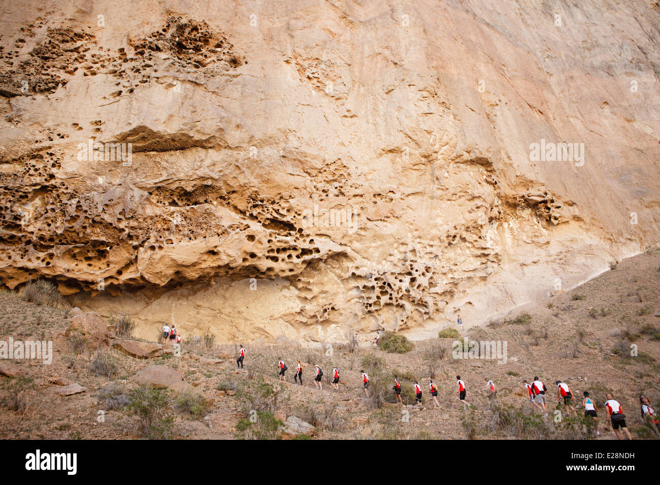16 November 2013 Group of trekkers in canyon at Piedra Parada, near Gualjaina, Chubut, Patagonia, Argentina Stock Photo