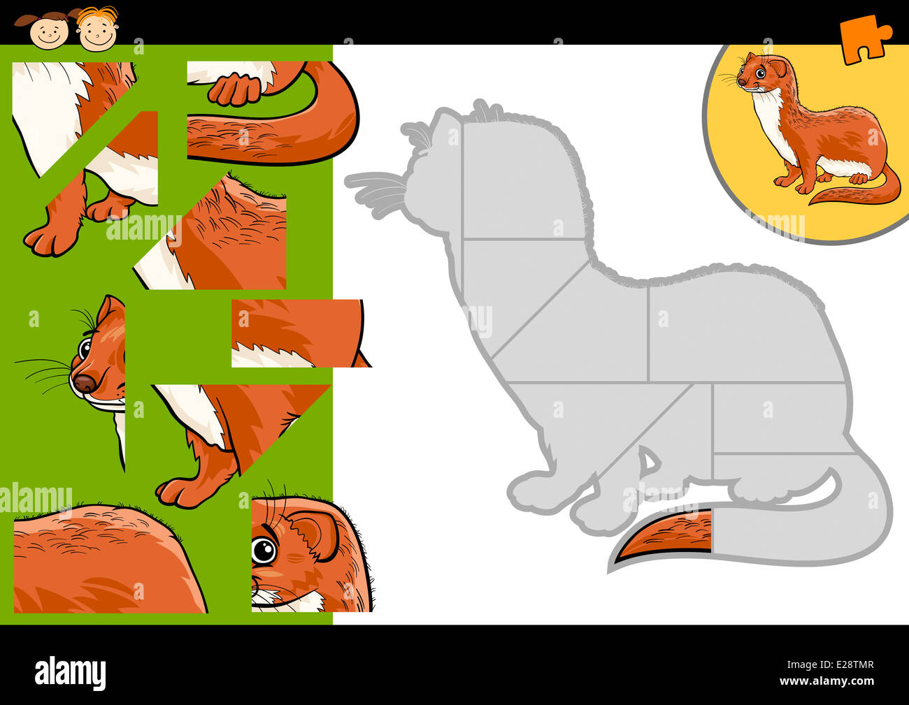 cartoon illustration of education jigsaw puzzle game for preschool children with funny weasel animal character stock photo alamy