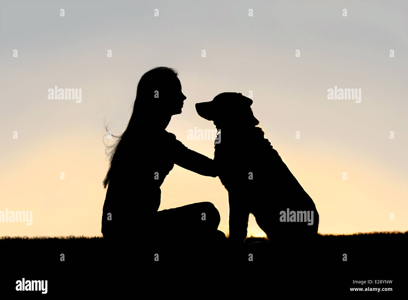 Silhouette of a girl lovingly hugging and looking into the eyes of her German Shepherd Dog at sunset Stock Photo