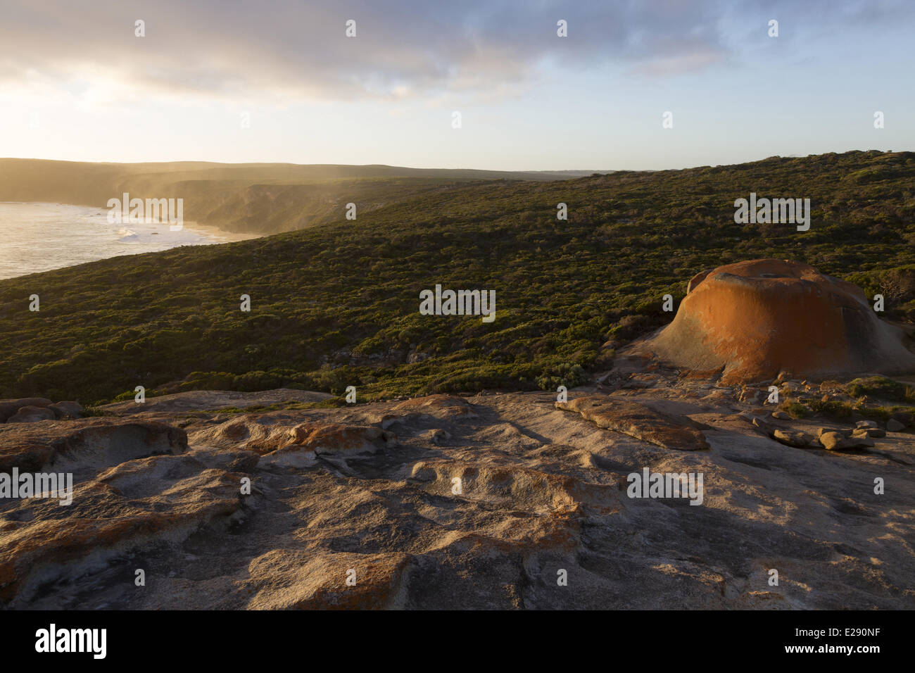 Eroded coastal granite outcrop at sunset, Remarkable Rocks, Flinders Chase N.P., Kangaroo Island, South Australia, Australia, February Stock Photo
