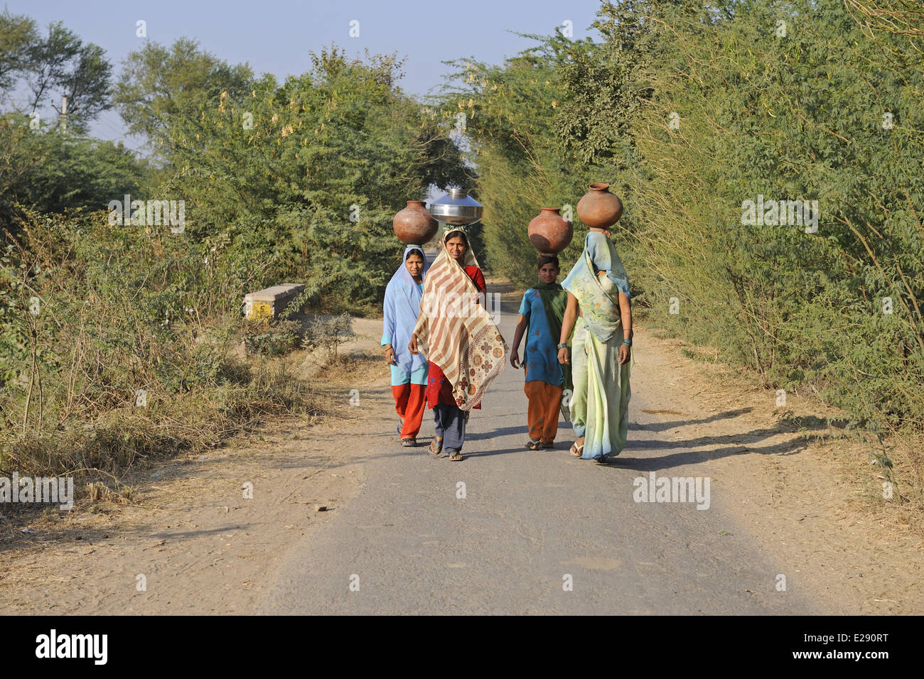 Indian girls carrying water containers on heads, near Bharatpur, Rajasthan, India, December Stock Photo