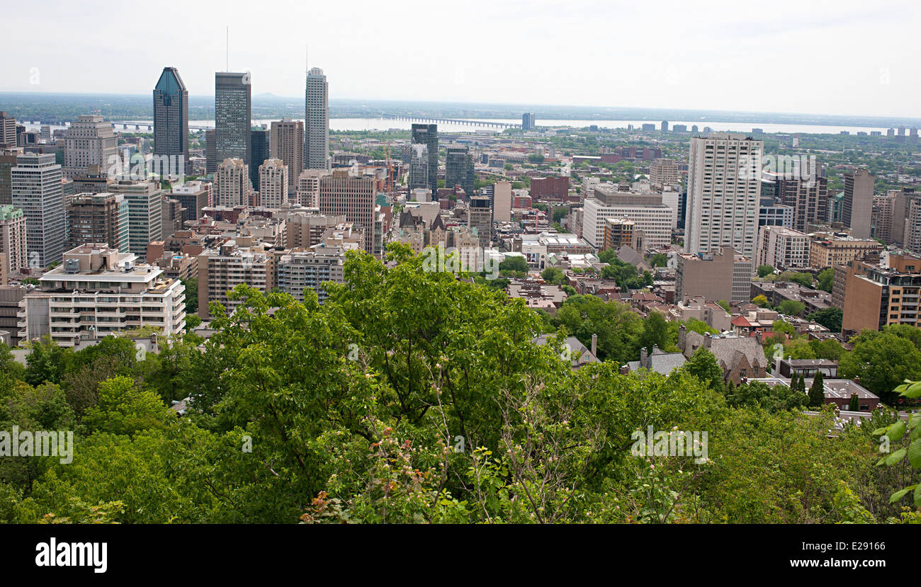 Stunning view of Montreal City from the plaza on Mount Royal Lookout Hill. Stock Photo