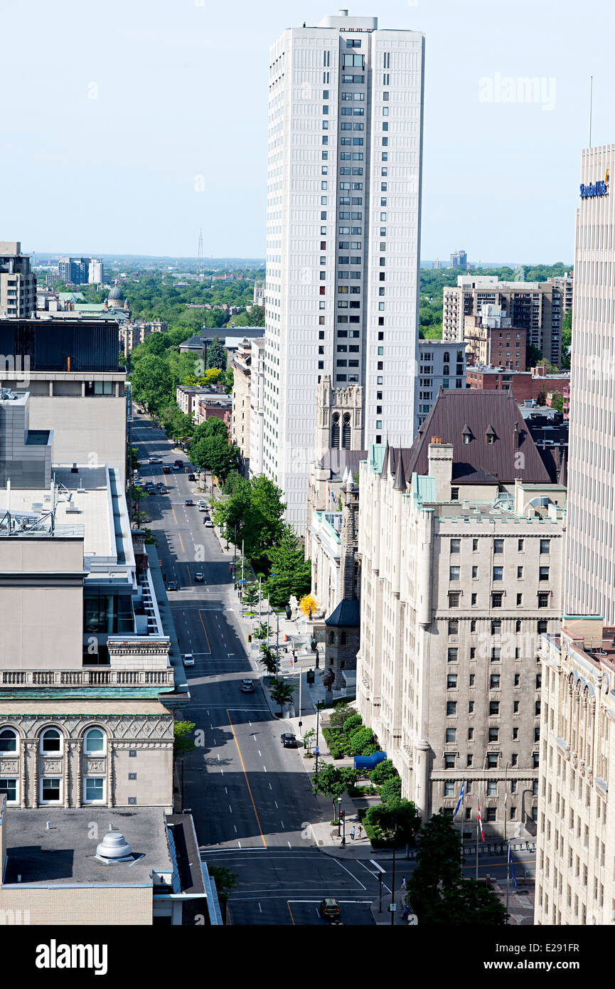 Early morning view of the luxurious and expensive Sherbrooke street from the roof of a nearby building. Stock Photo