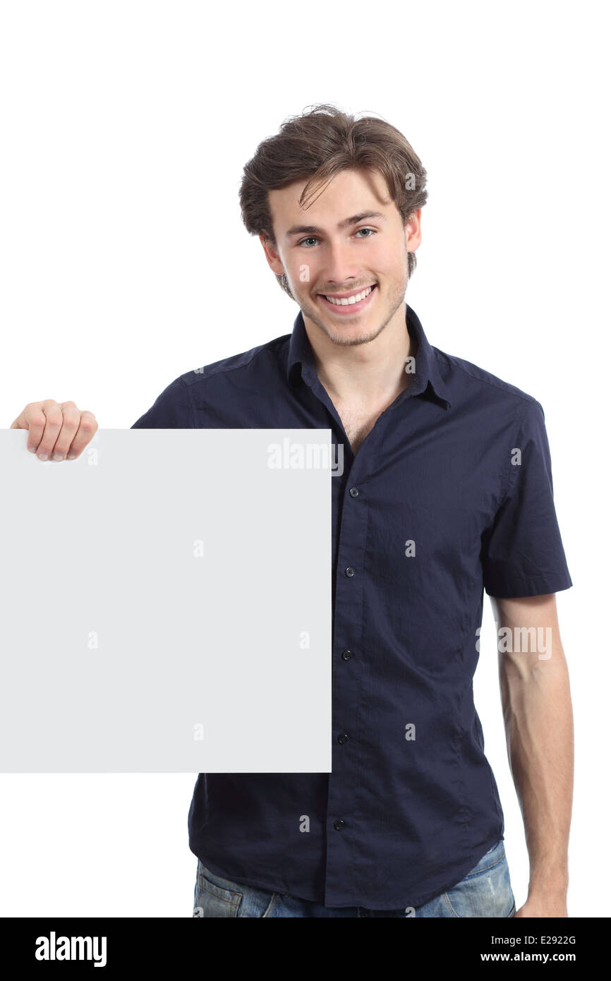 Happy man holding a blank sign or banner isolated on a white background Stock Photo