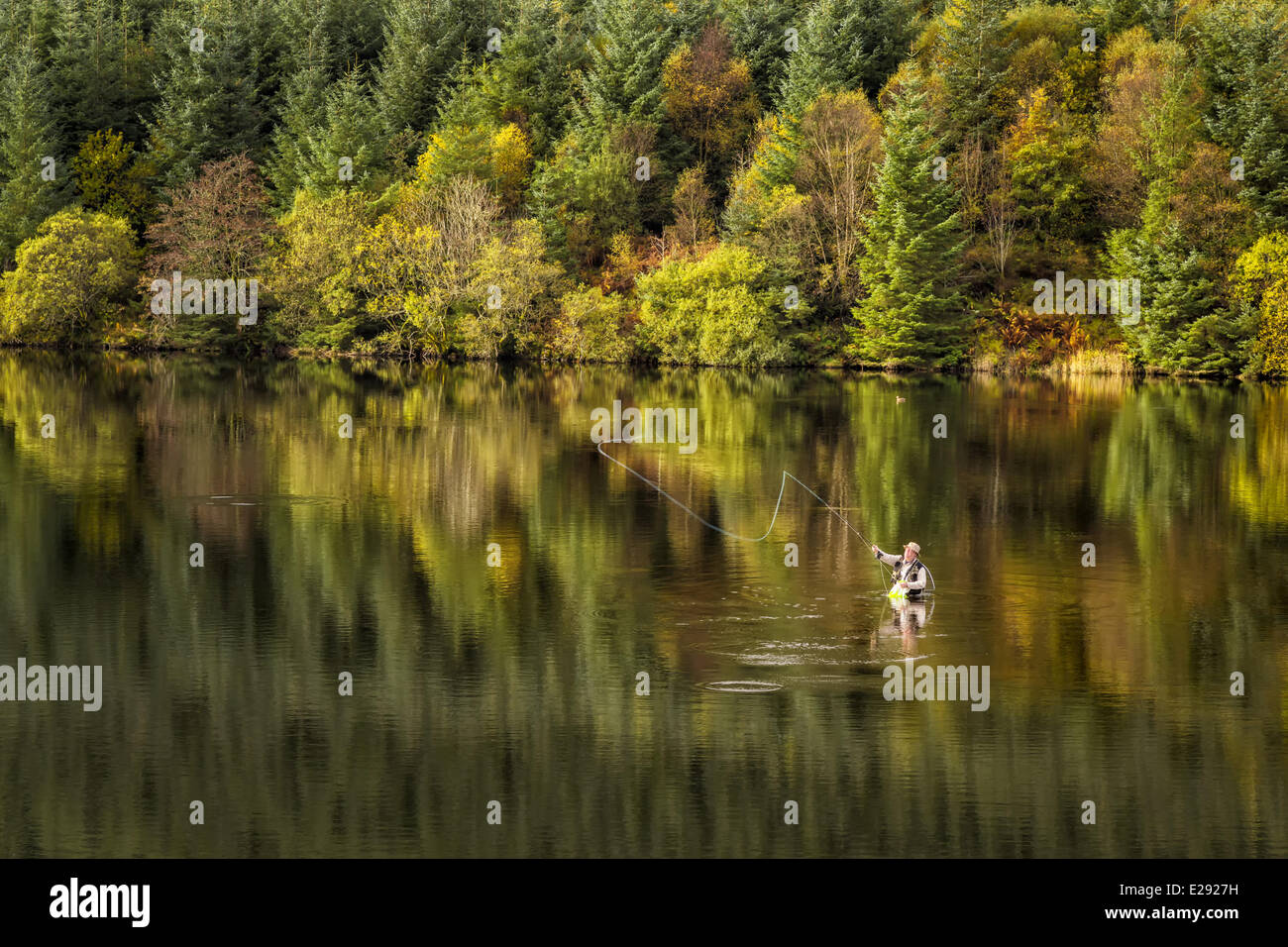Fly fishing in reservoir, Cantref Reservoir, Taff Fawr Valley, Brecon