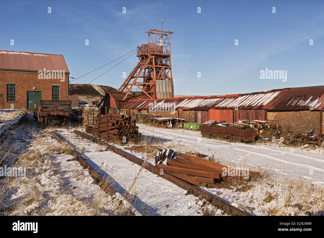 Coal mine industrial heritage museum in snow, Big Pit National Coal Museum, Blaenavon, Torfaen, South South Wales, January Stock Photo