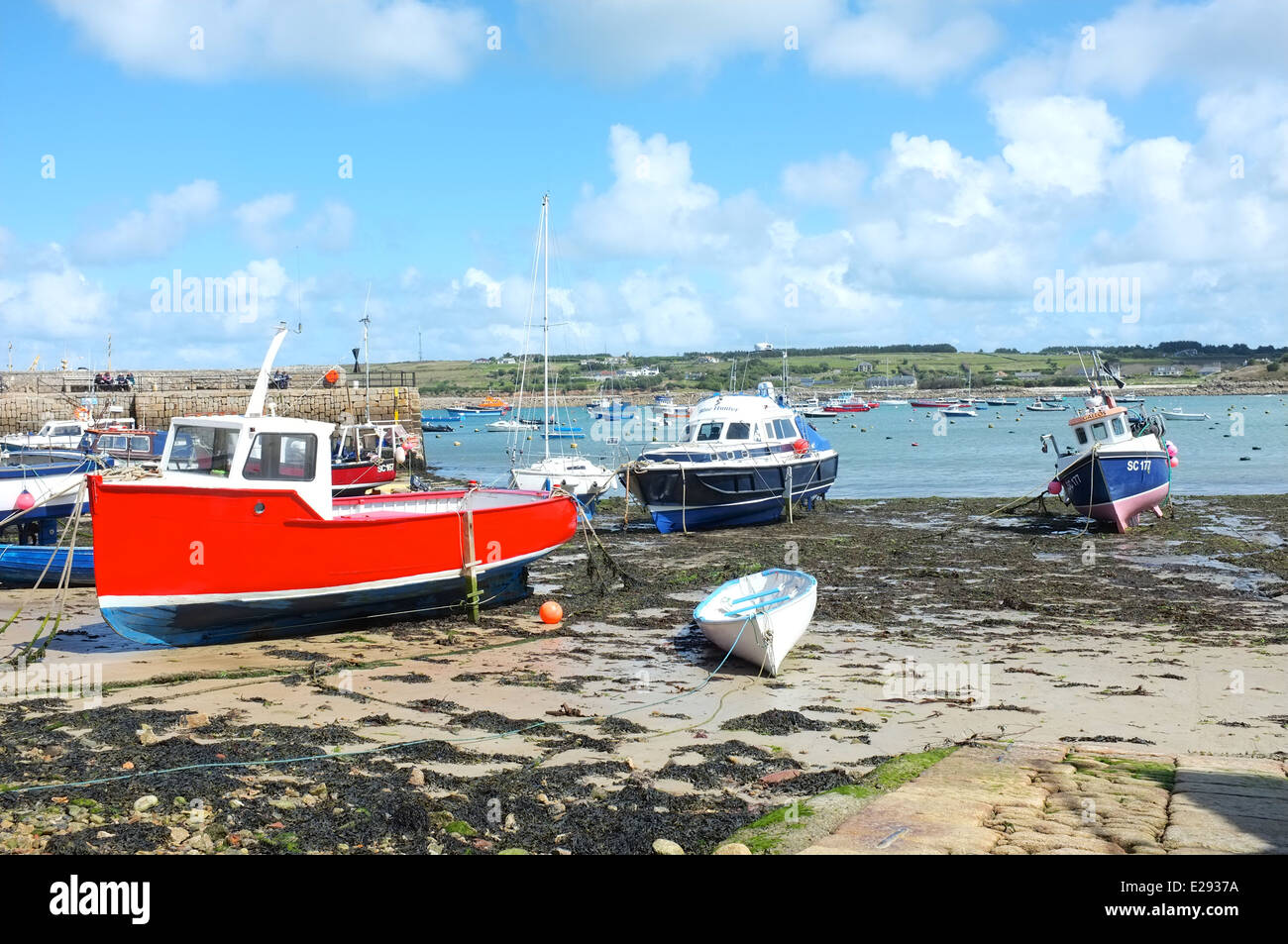 Fishing boats in the harbour of St Mary's, the largest of the Isles of Scilly. Stock Photo