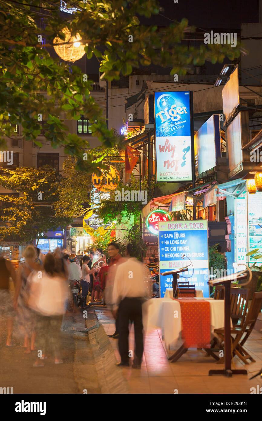 Restaurants and bars along tourist street of Pham Ngu Lao, Hue, Thua Thien-Hue, Vietnam Stock Photo