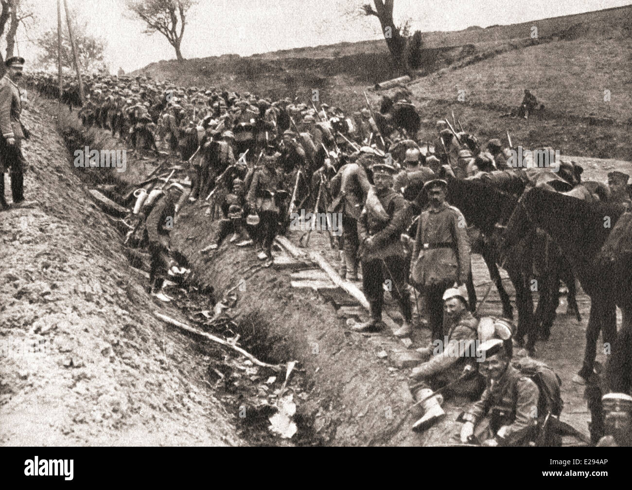 The German army, the Grey Invaders, resting in a sunken road during WWI. Stock Photo