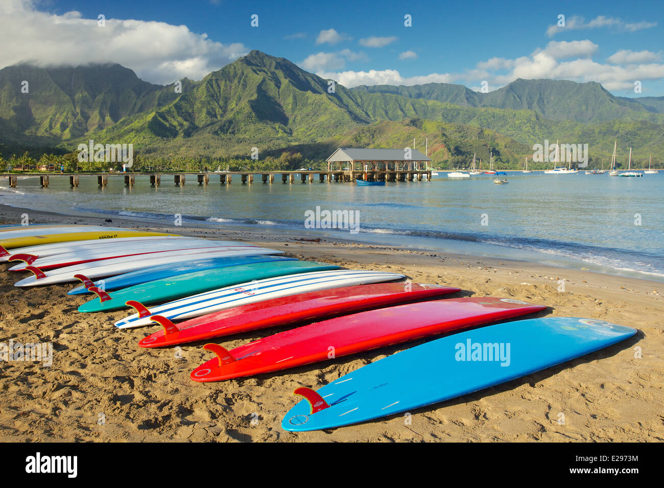 Surf boards on the beach at Hanalei Bay in Kauai, the Garden Isle of Hawaii Stock Photo
