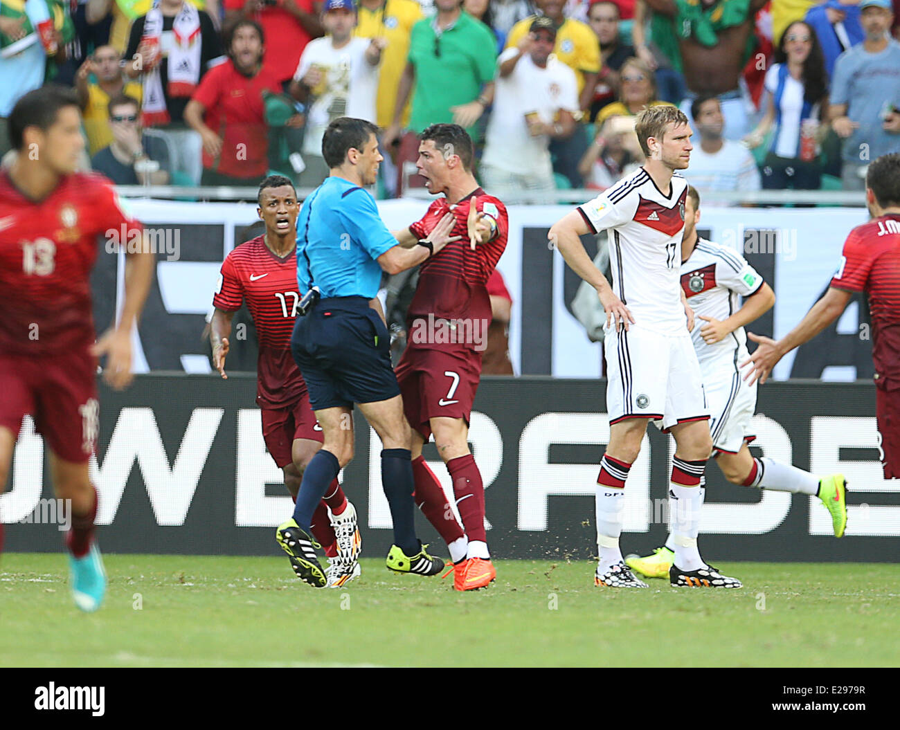 Savador, Brazil. 16th June, 2014. World Cup finals 2014. Germany versus Portugal. Cristiano Ronaldo argues the decision with referee Credit:  Action Plus Sports/Alamy Live News Stock Photo