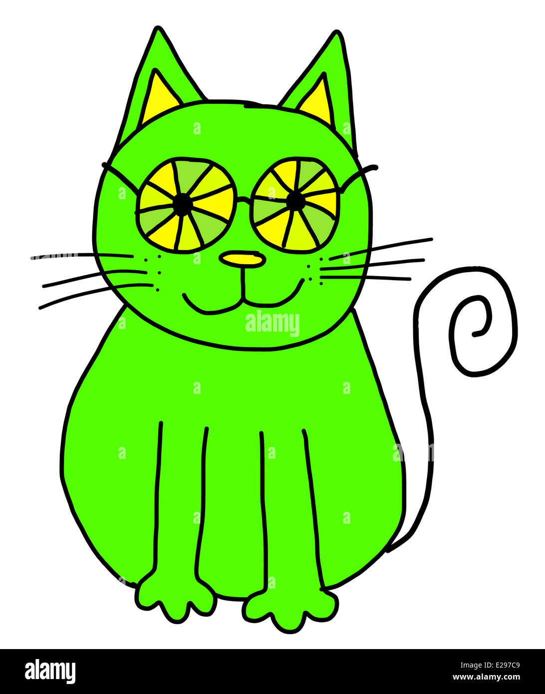Illustration of a green cat wearing sunglasses Stock Photo