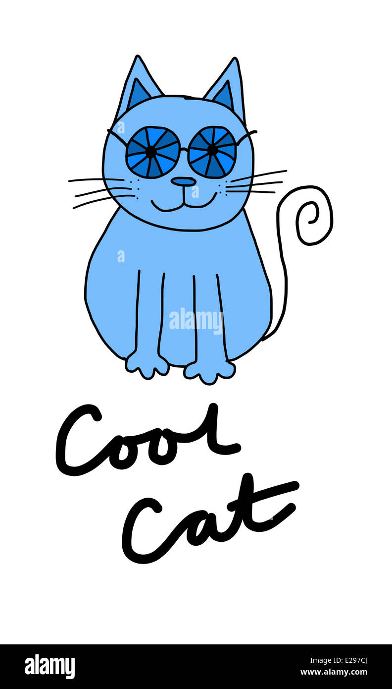 Illustration of a blue cat wearing sunglasses Stock Photo
