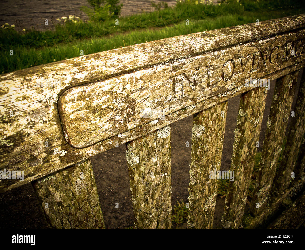 Faded In Loving Memory Carving On Weathered Wooden Bench Stock