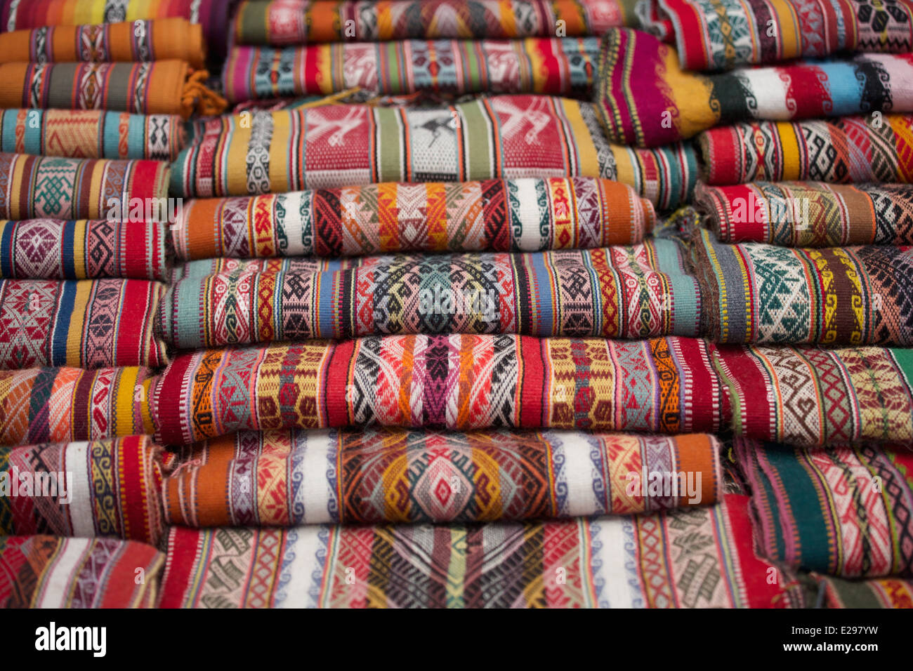Traditional woven blankets at a weaving cooperative in Chinchero, Sacred Valley, Peru, South America Stock Photo
