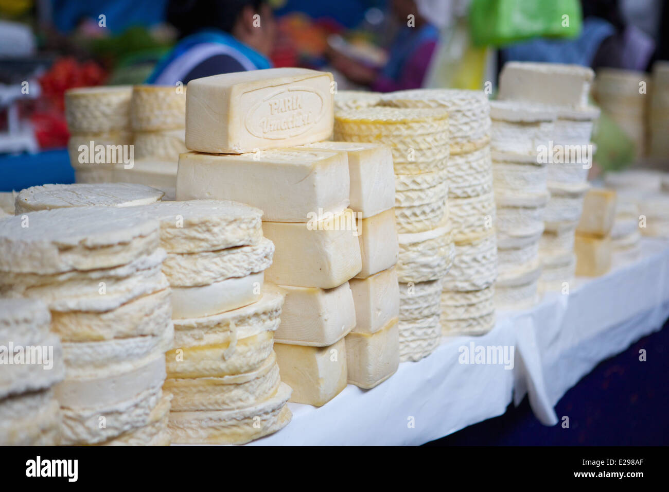 Cheese for sale at the vegetable market in Cusco, Peru, the ancient seat of the Inca Empire high in the Andes. Stock Photo