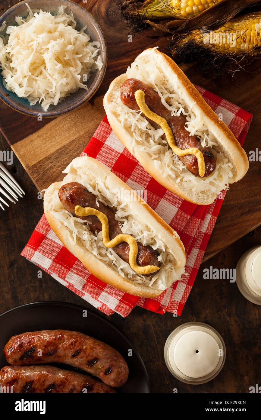 Homemade Bratwurst with Sauerkraut and Mustard Stock Photo Alamy