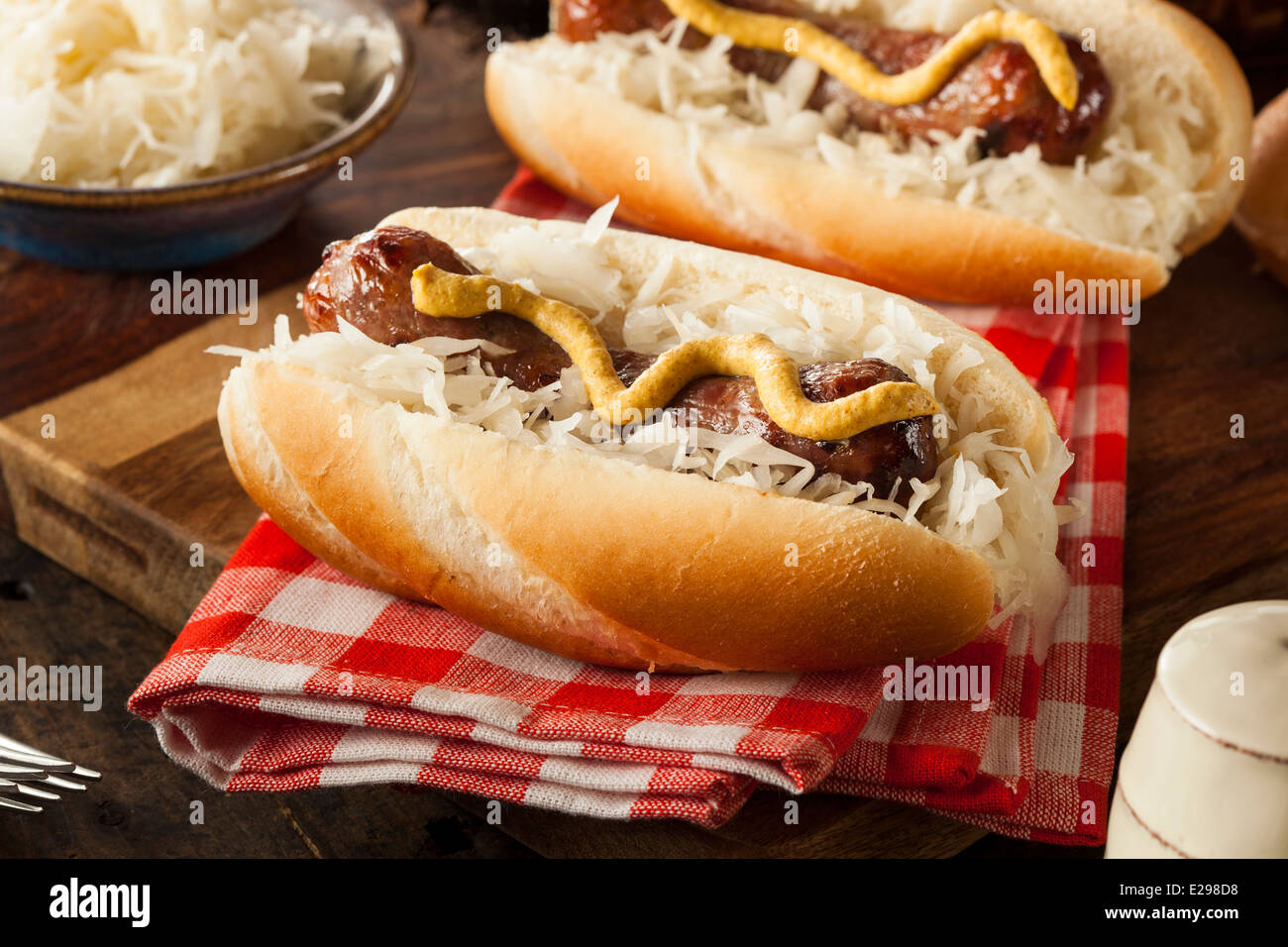 Homemade Bratwurst with Sauerkraut and Mustard Stock Photo Alamy