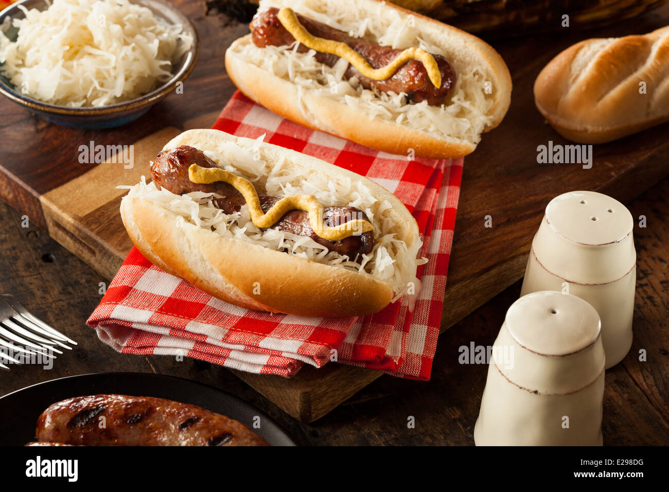 Homemade Bratwurst with Sauerkraut and Mustard Stock Photo Alamy