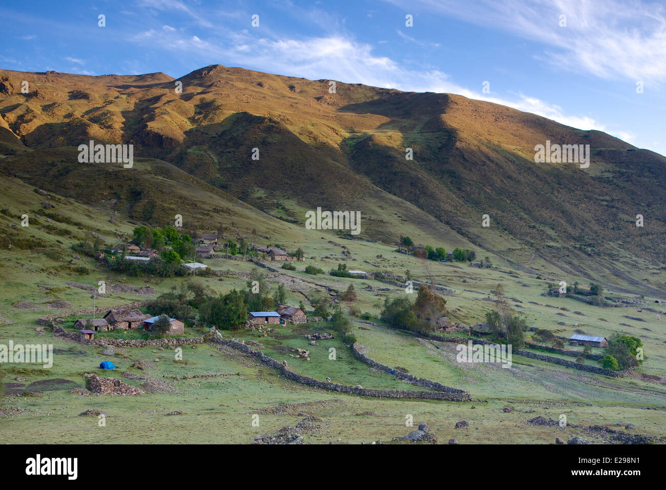 A traditional indigenous Quechua village in the Lares Valley high in the Andes in Peru Stock Photo