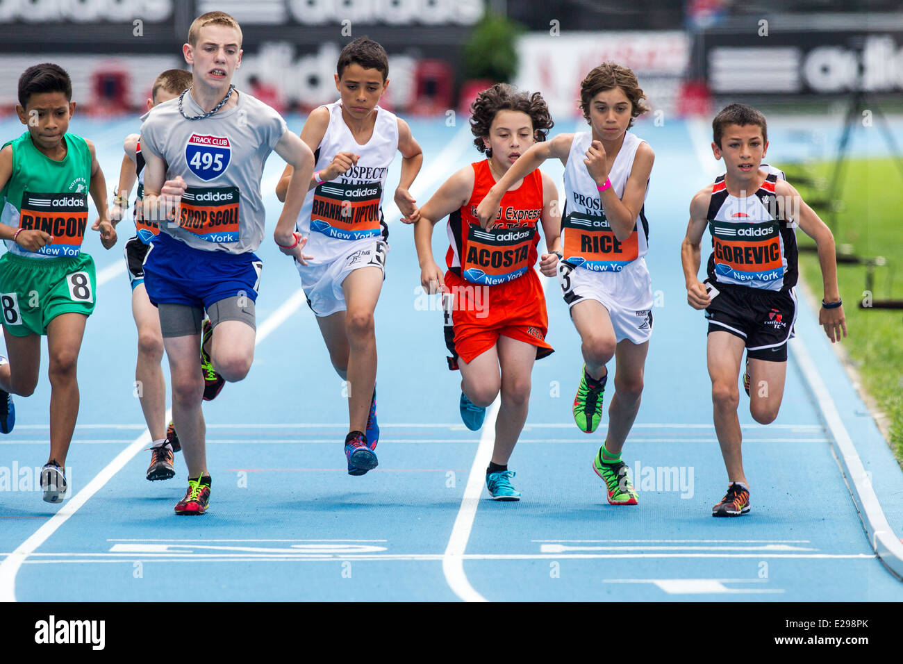 Johan Gorevic (USA) a sixth grader from Rye, NY ran the fastest-ever mile by a 10 year old during the Adidas Grand Prix Stock Photo