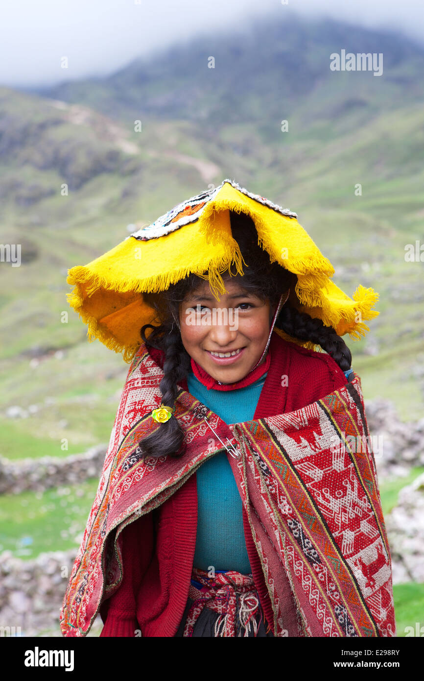 Alicia, a Quechua girl of the Huacawasi Valley living in the Lares Valley high in the Andes in Peru, South America Stock Photo