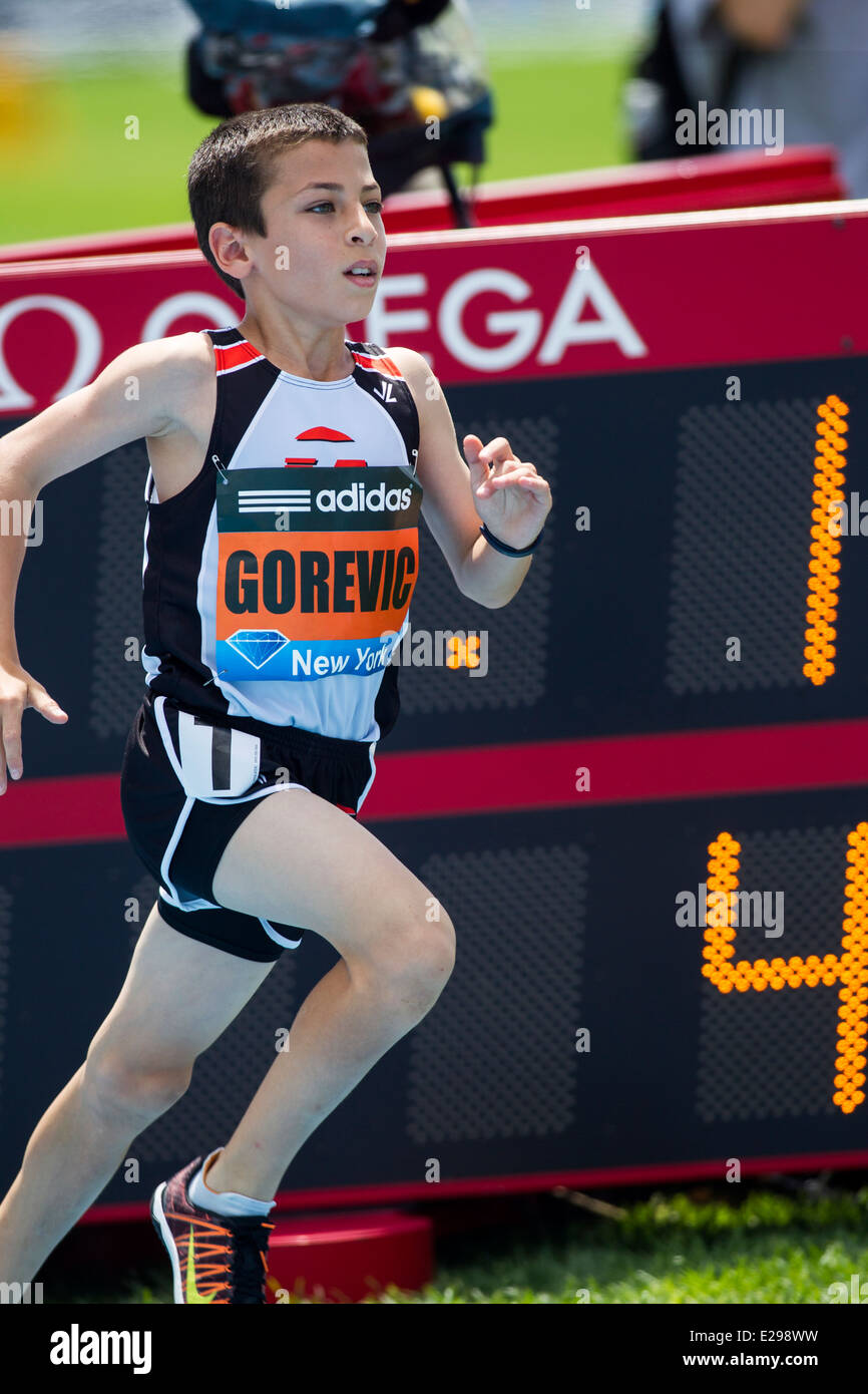 Johan Gorevic (USA) a sixth grader from Rye, NY ran the fastest-ever mile by a 10 year old during the Adidas Grand Prix Stock Photo