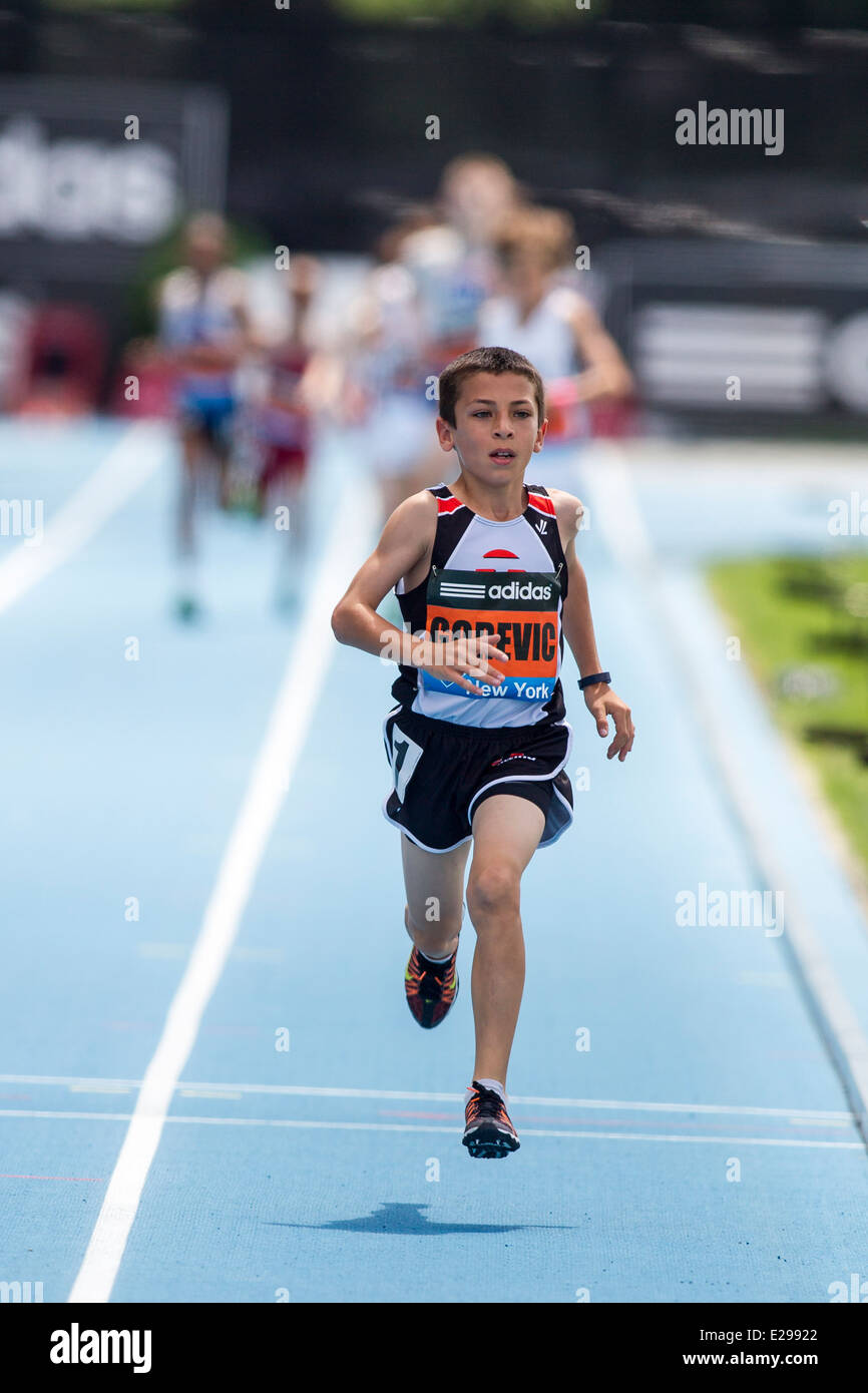 Johan Gorevic (USA) a sixth grader from Rye, NY ran the fastest-ever mile by a 10 year old during the Adidas Grand Prix Stock Photo