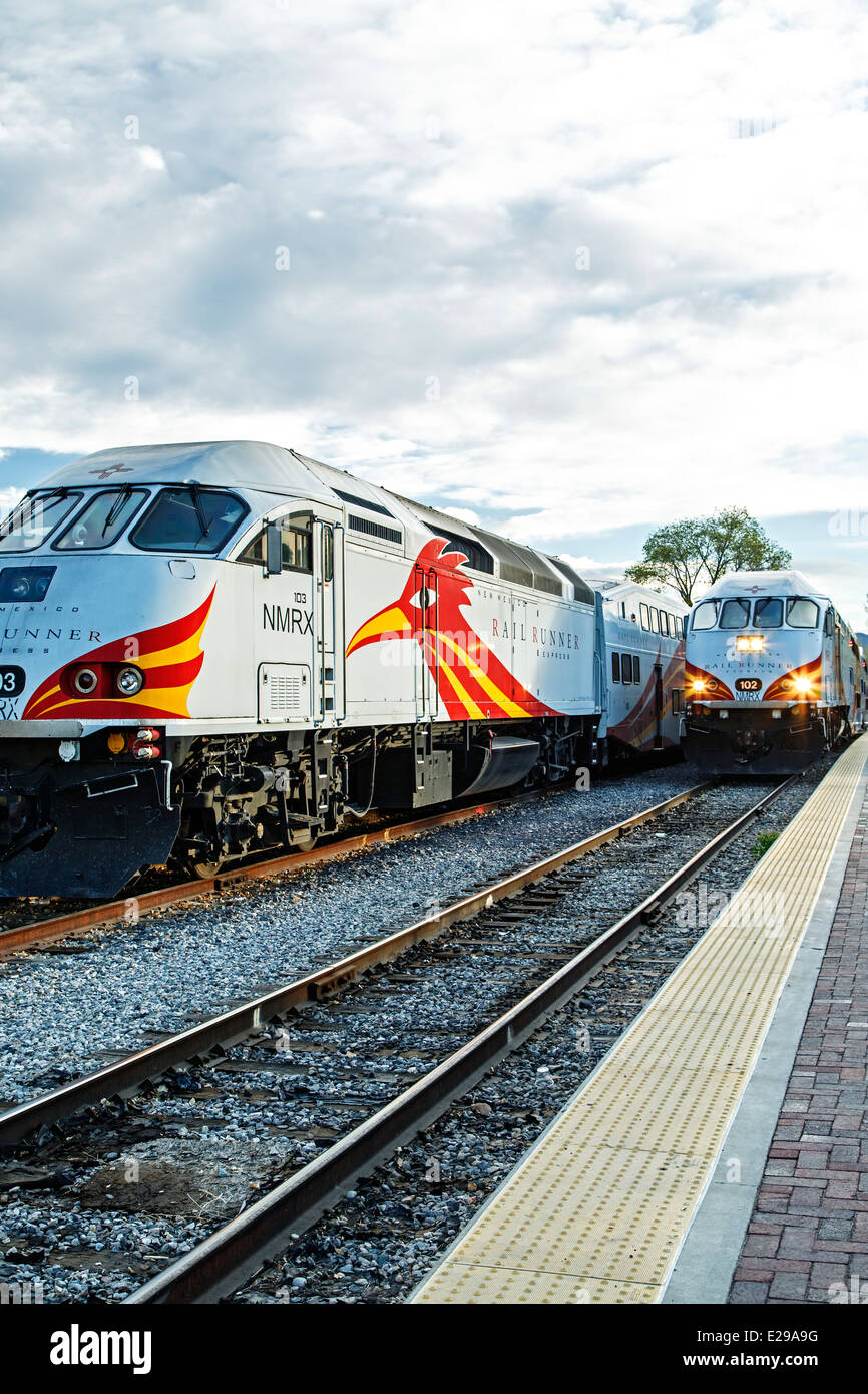 Railrunner Express commuter trains, Santa Fe Railyard, Santa Fe, New Mexico USA Stock Photo