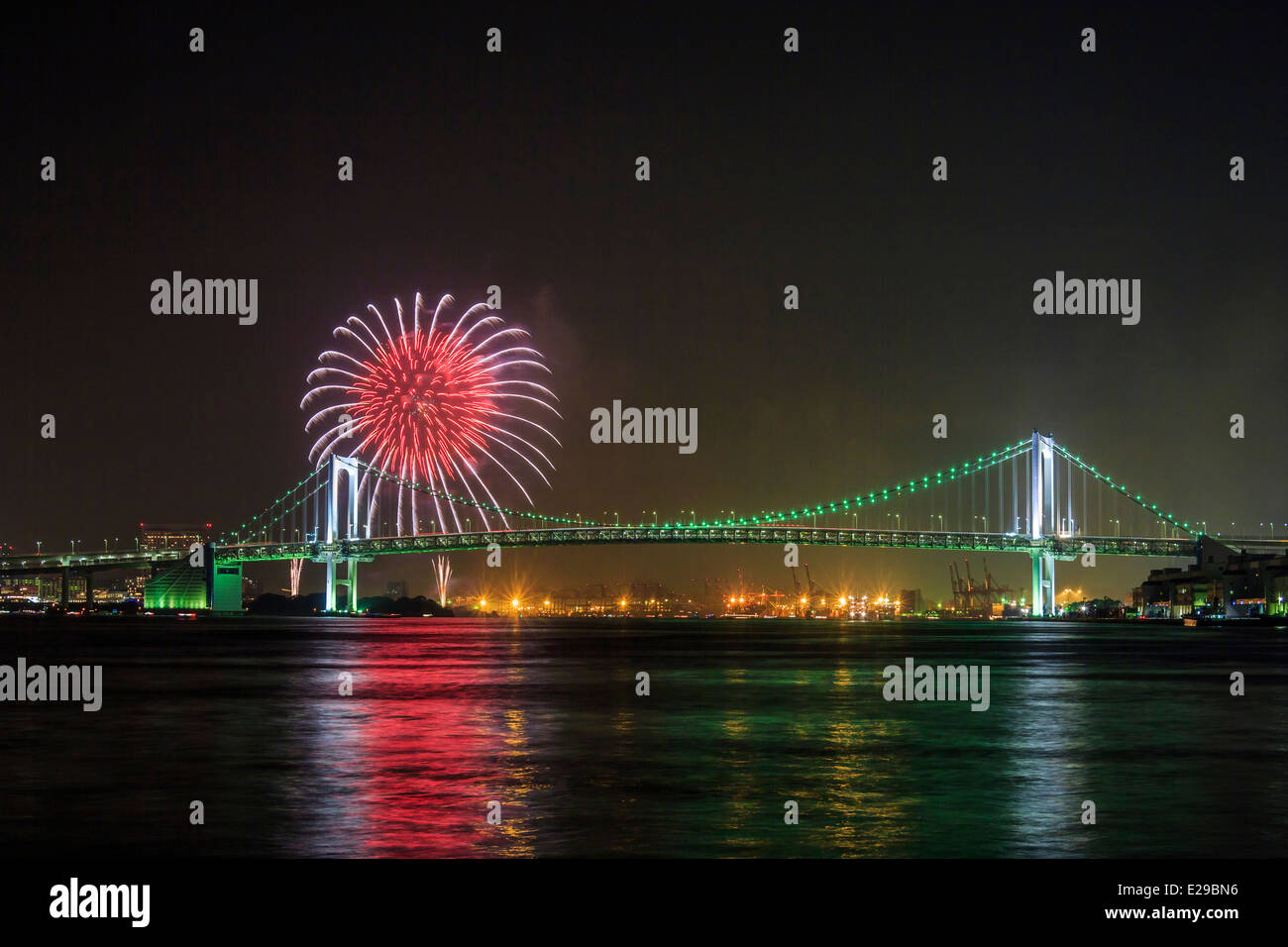 Fireworks and Rainbow Bridge, Tokyo, Japan Stock Photo