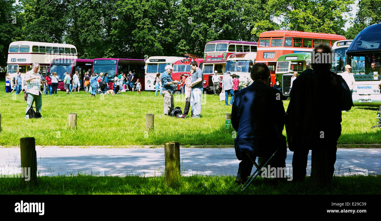 Visitors looking at retro and vintage buses at Autokarna 2014 Wollaton Park Nottingham east Midlands England Europe Stock Photo