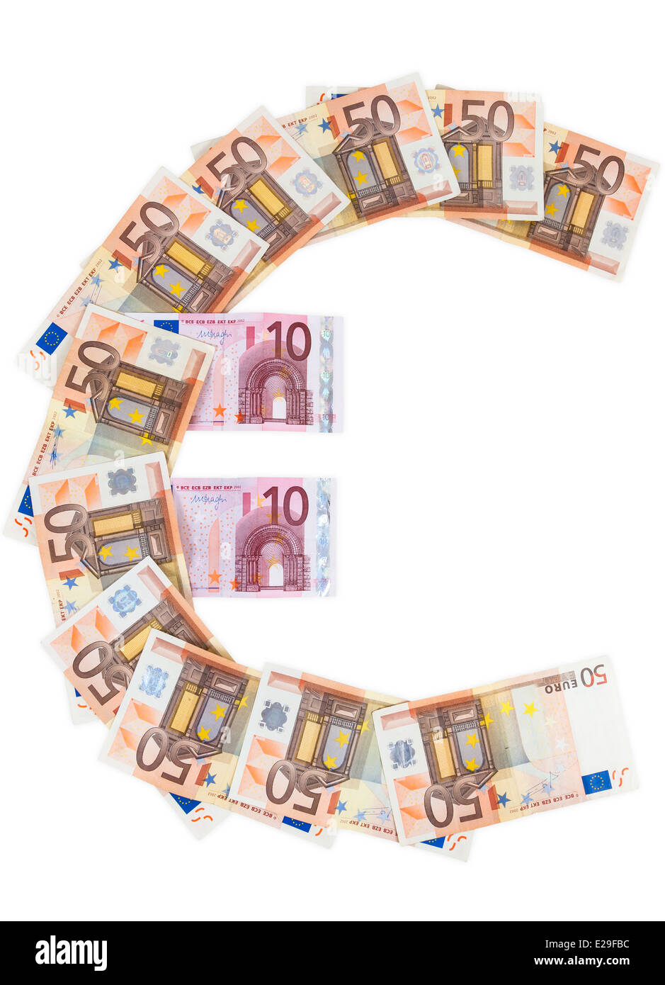 Euro symbol made of euro banknotes isolated on white background with