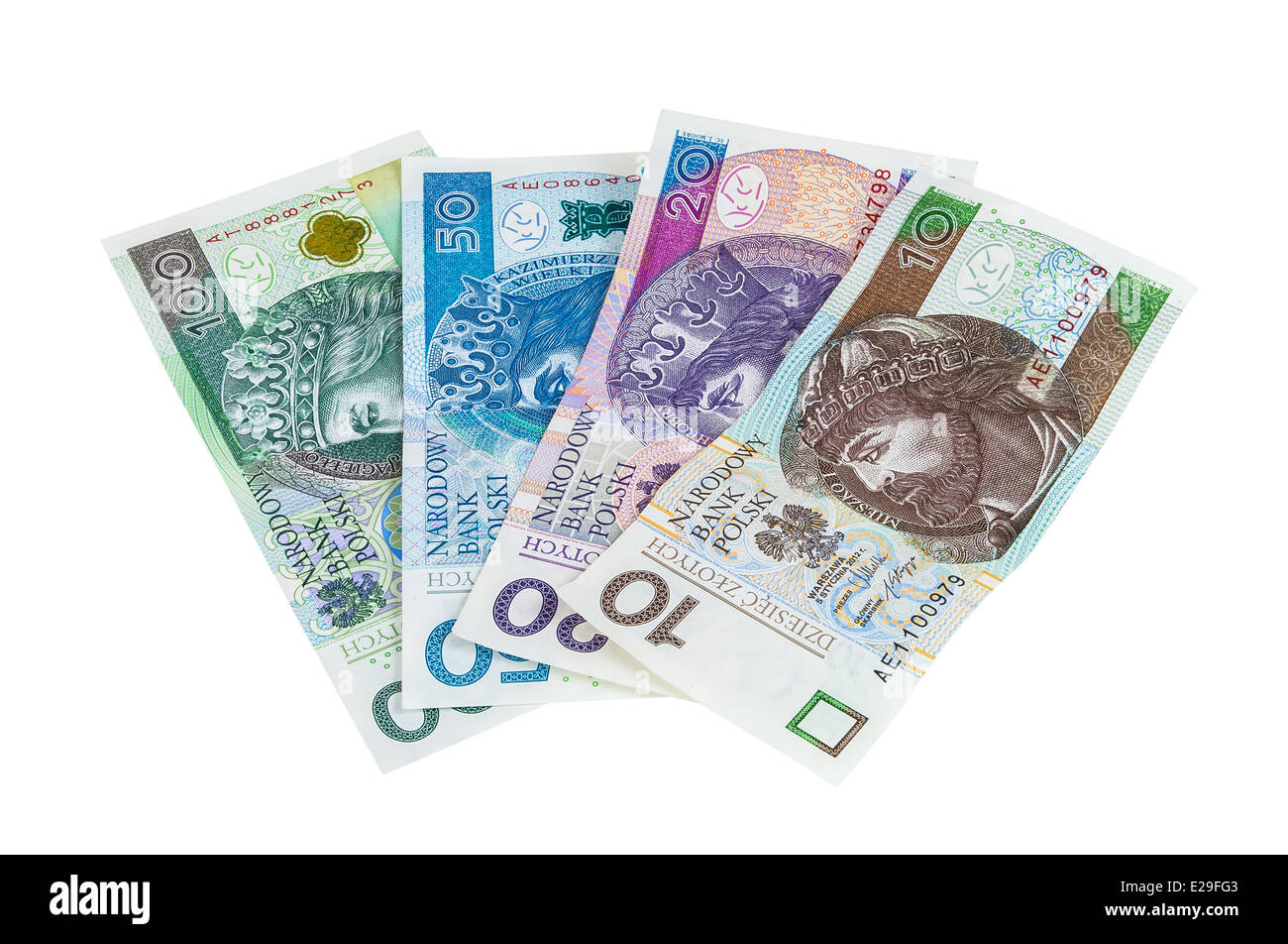Set of new polish banknotes isolated on white background with clipping ...