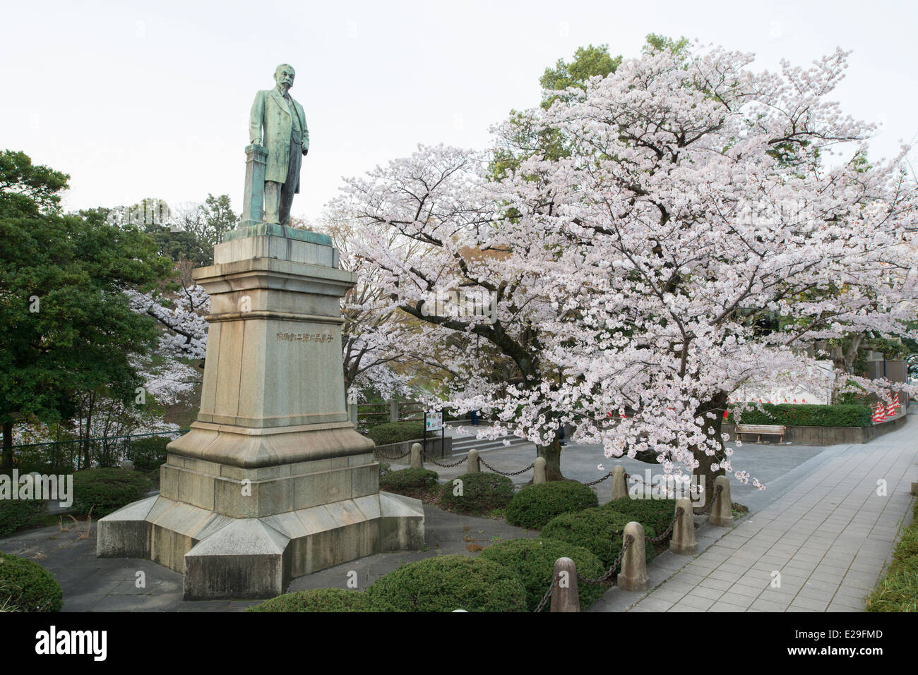 Bronze Staue at Chiyoda-ku Kudan Slope Park and Cherry Blossoms, Chiyoda, Tokyo, Japan Stock Photo