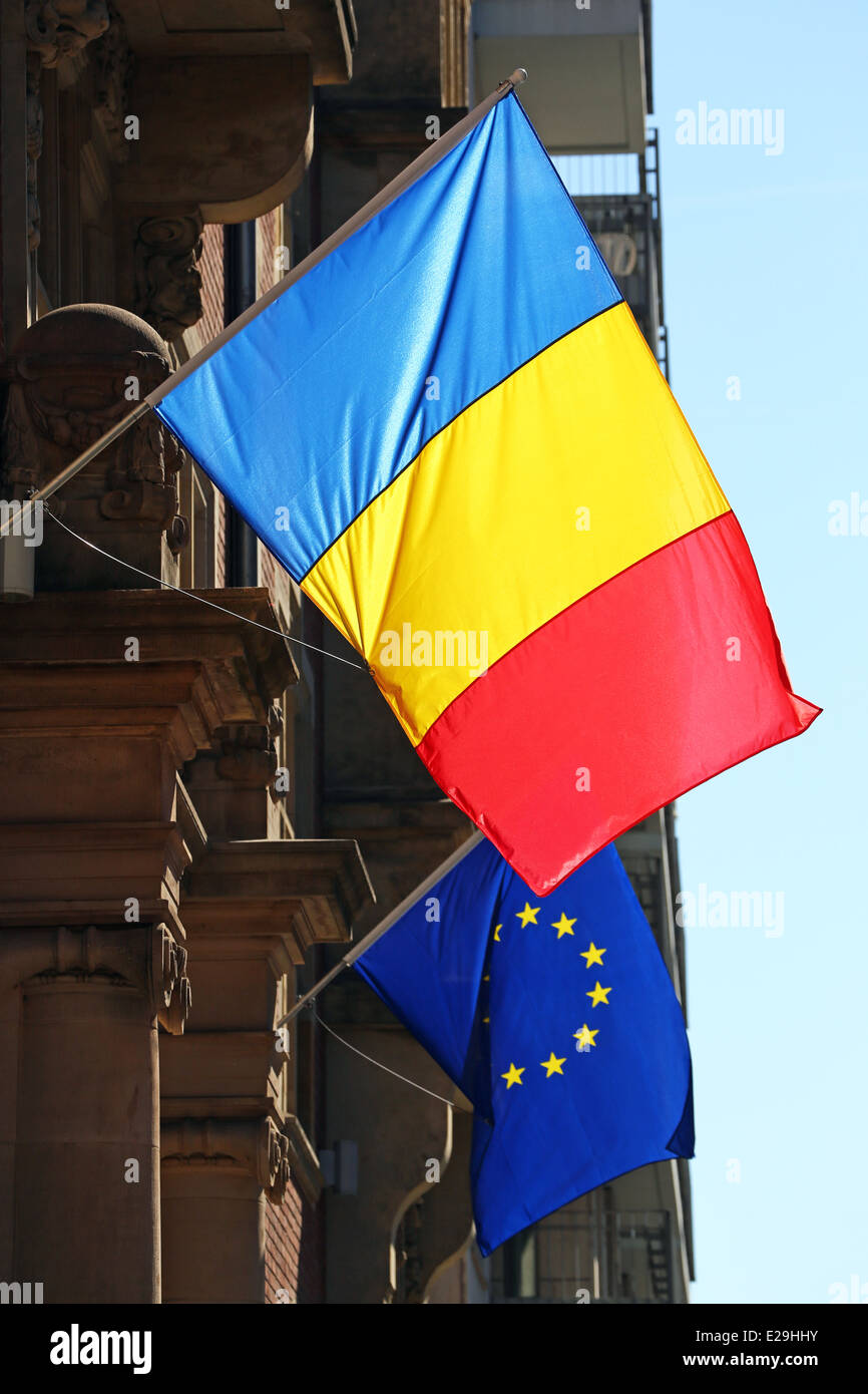 Romanian and EU flags on the Romanian Embassy in Berlin, Germany Stock Photo