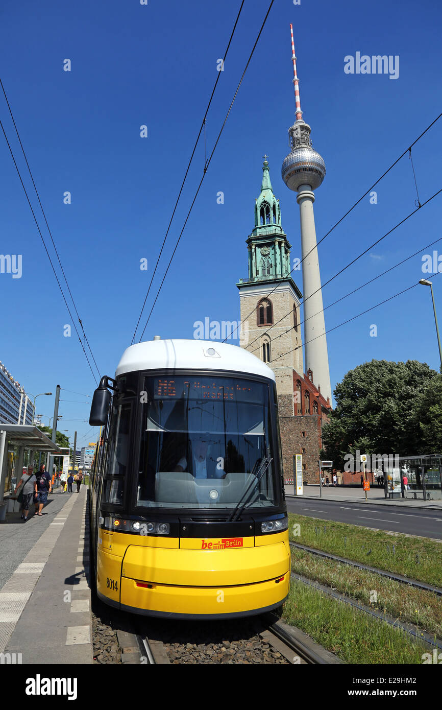 Berlin TV Tower, Fernsehturm, television tower and a tram in Berlin, Germany Stock Photo