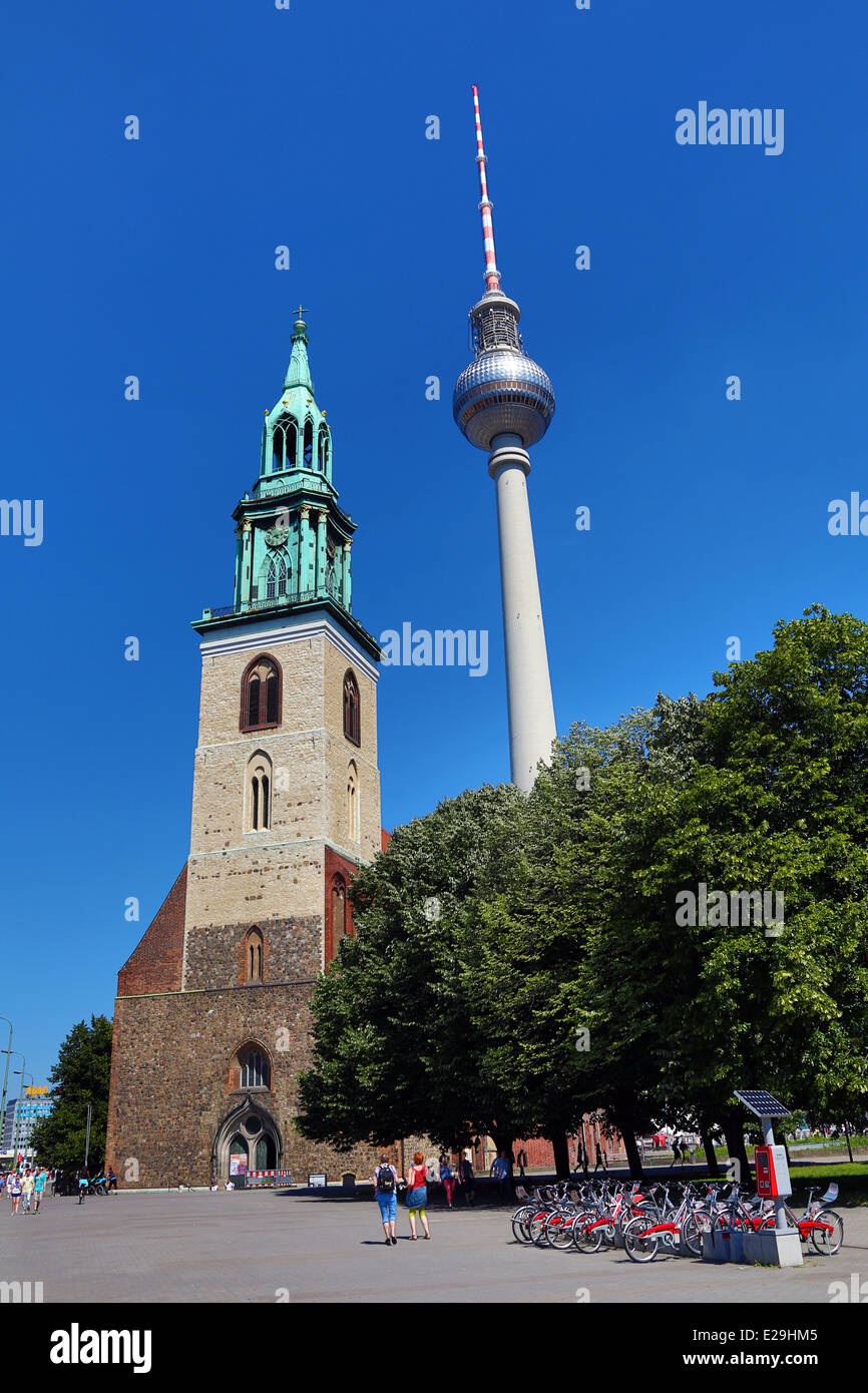 Church of St Mary and the Berlin TV Tower, Fernsehturm, television tower in Berlin, Germany Stock Photo