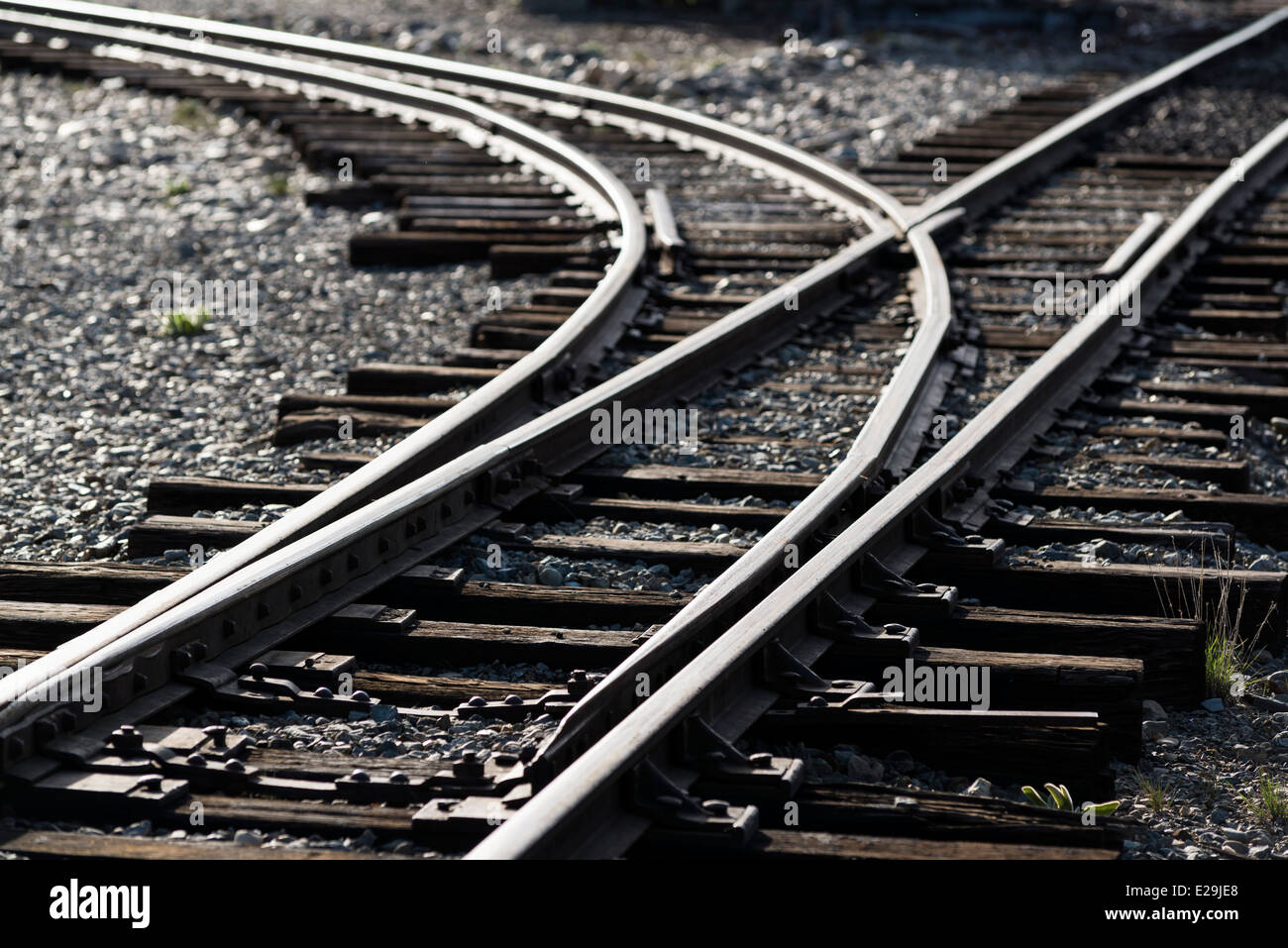 Wye switch on the tracks of the Sumpter Valley Railroad, a restored narrow gauage railroad in Eastern Oregon. Stock Photo