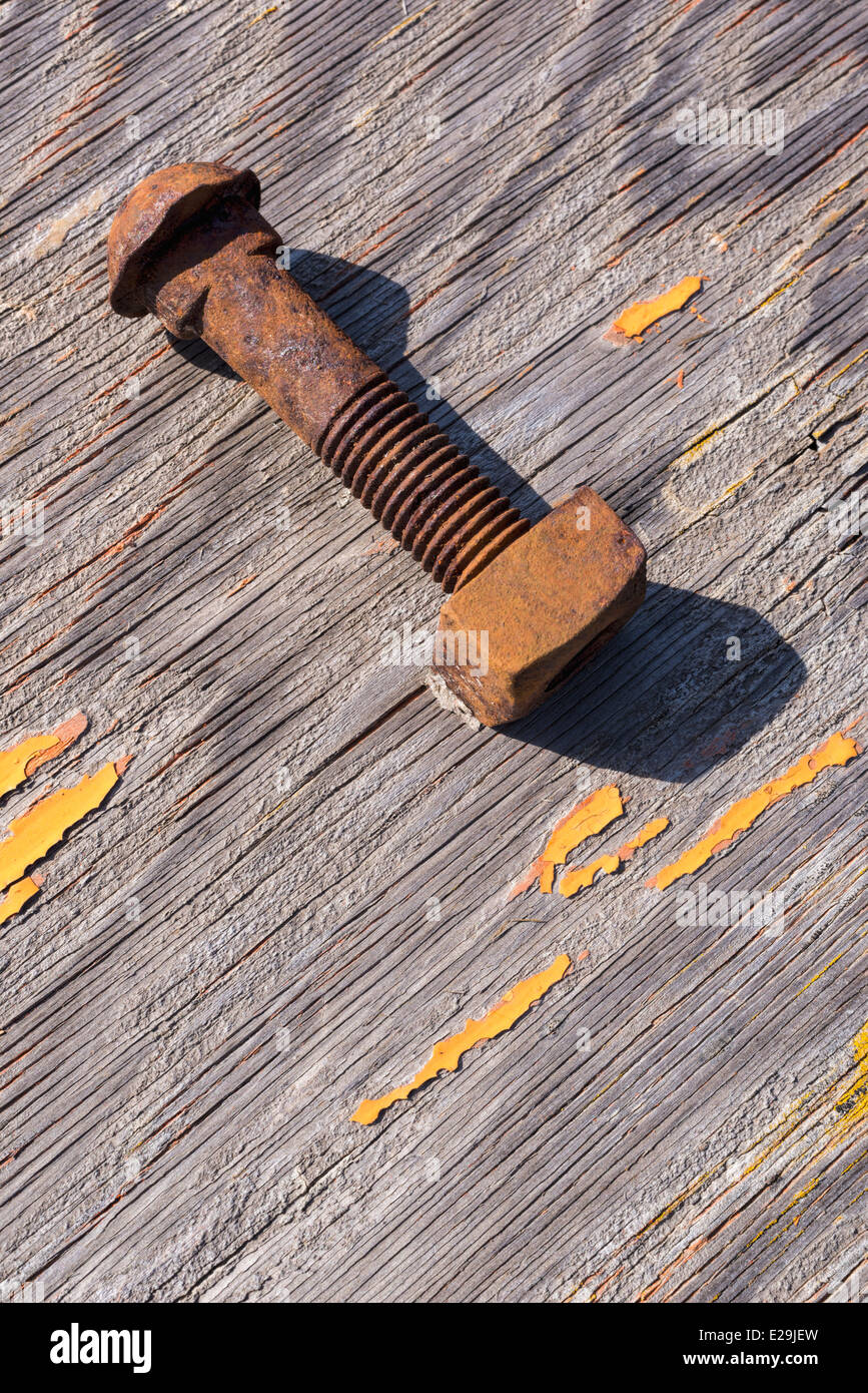 Rusty nut and bolt on weathered plywood in the rail yard of the Sumpter Valley Railroad, Eastern Oregon. Stock Photo