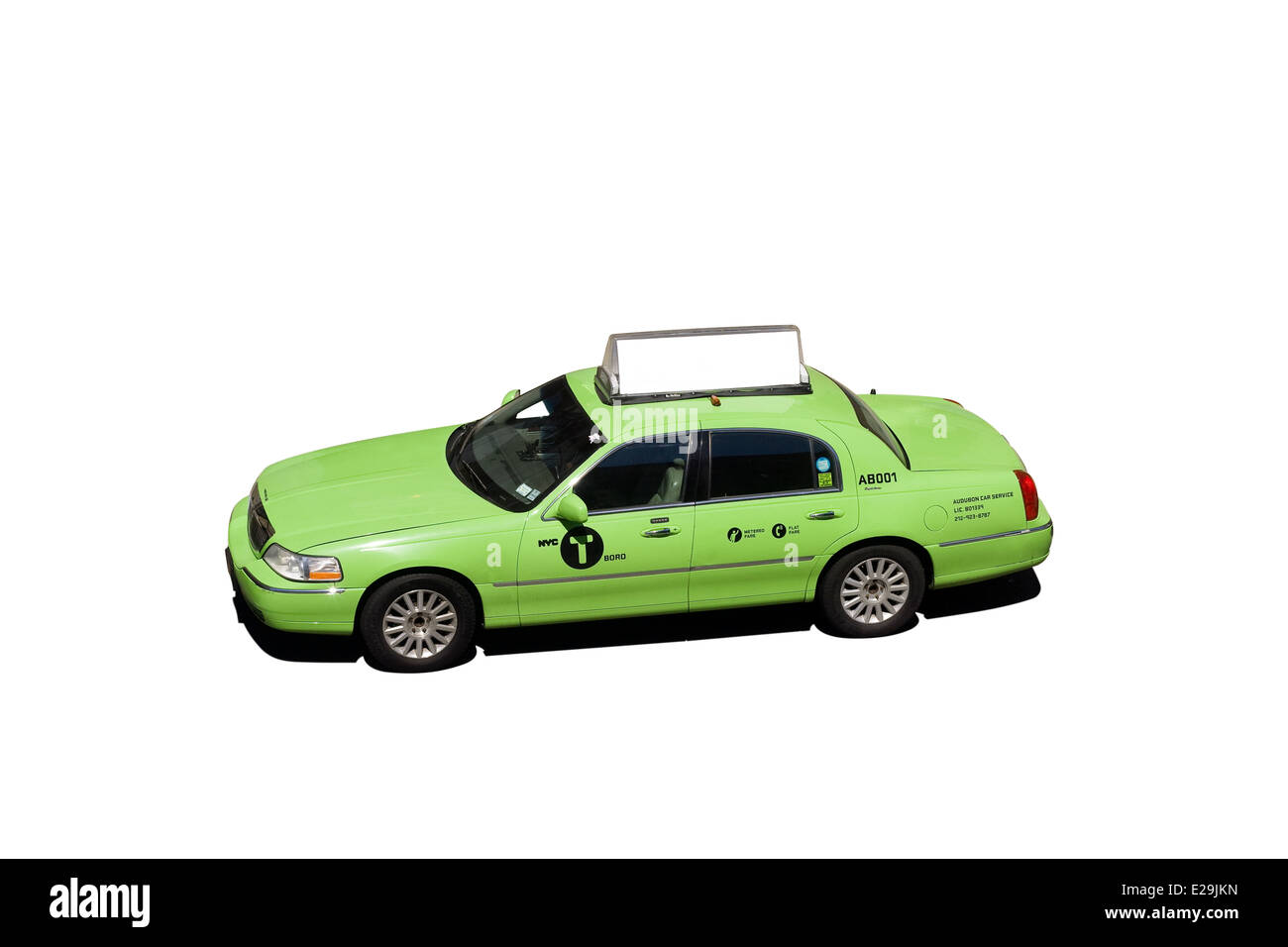 Cut Out. A Lincoln Town Car 4 Door Sedan converted to a New York City green Taxi Cab on white background (FRX222 without shadow) Stock Photo