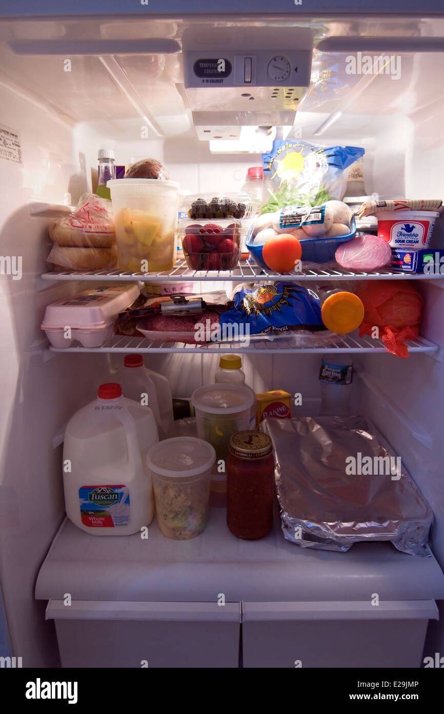 Door to a Refrigerator open with light on showing contents Stock Photo