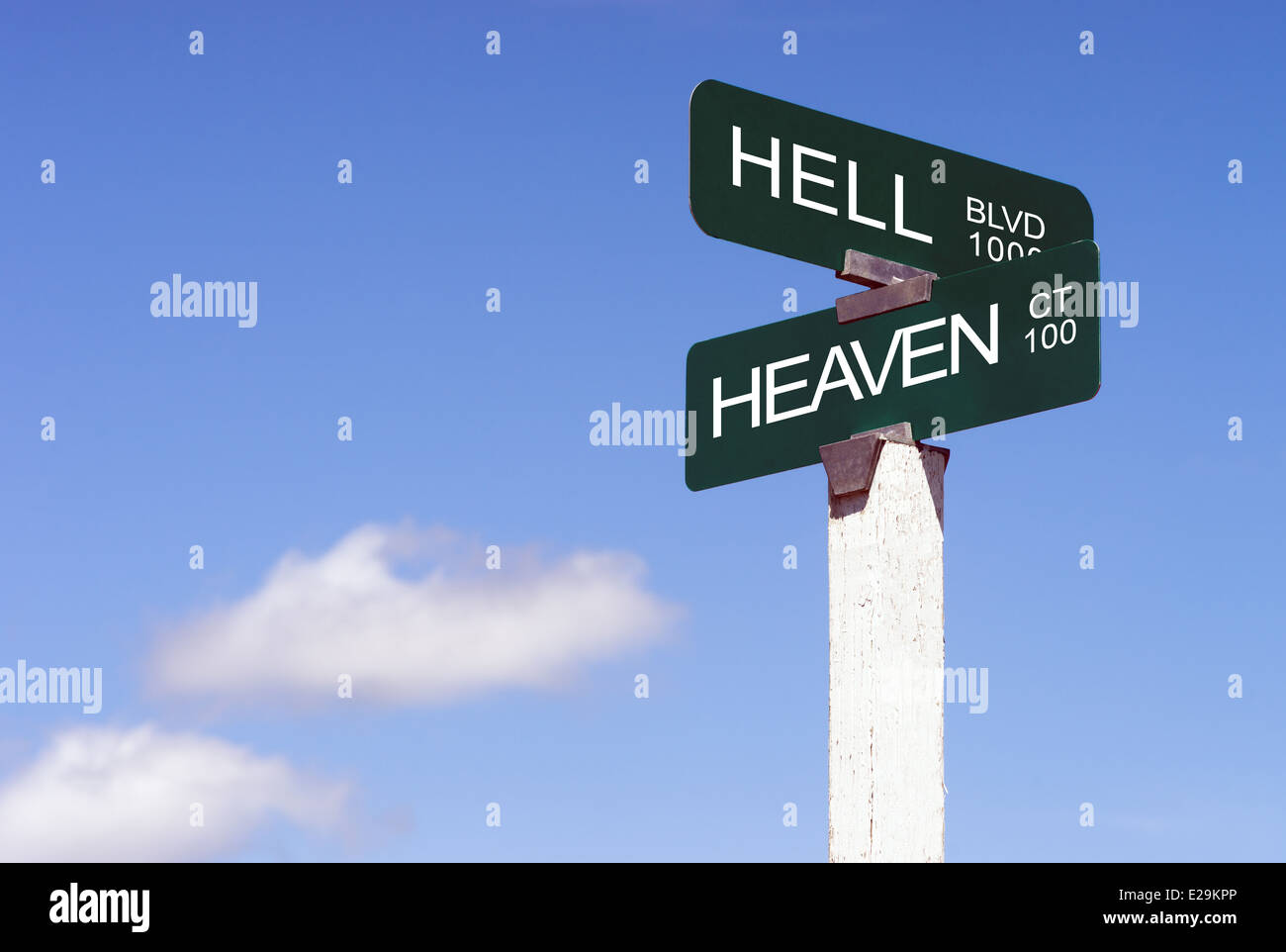 Heaven Hell Signs Crossroads Street Avenue Sign Blue Skies Clouds Stock Photo