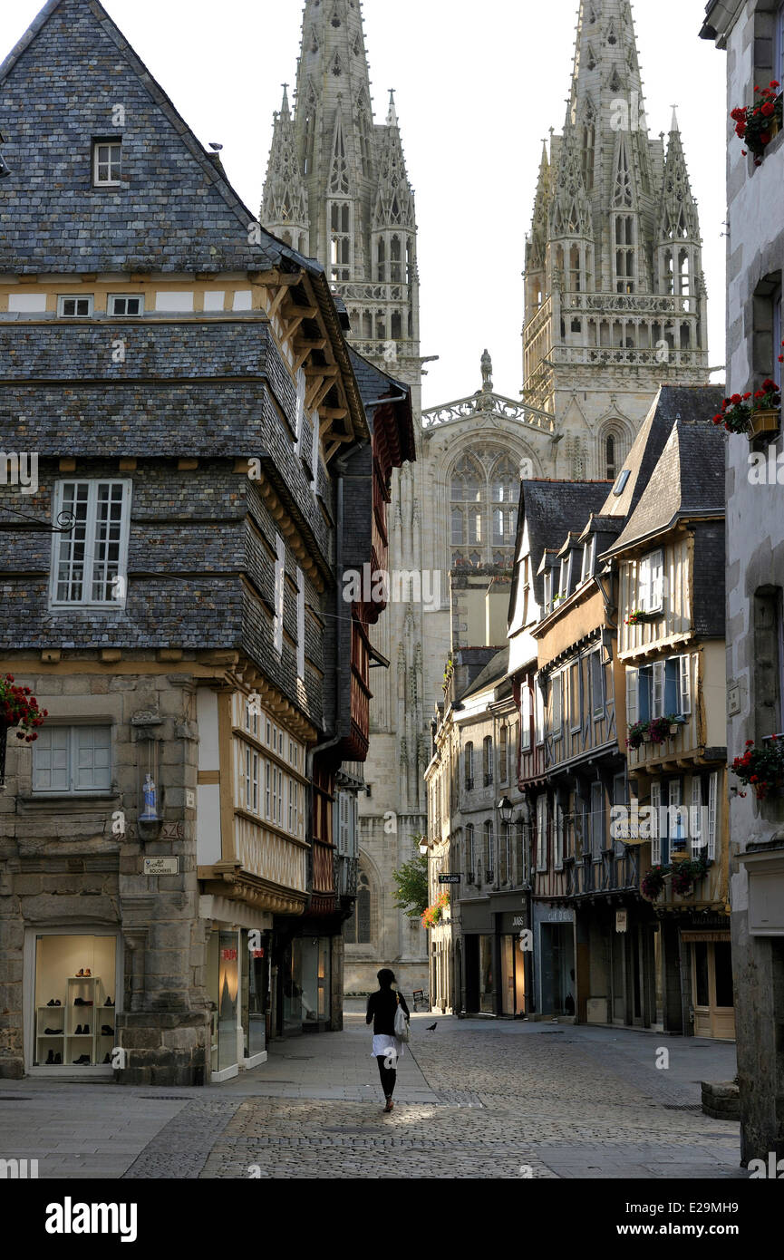 France, Finistere, Quimper, Rue Kereon and St Corentin Cathedral Stock Photo