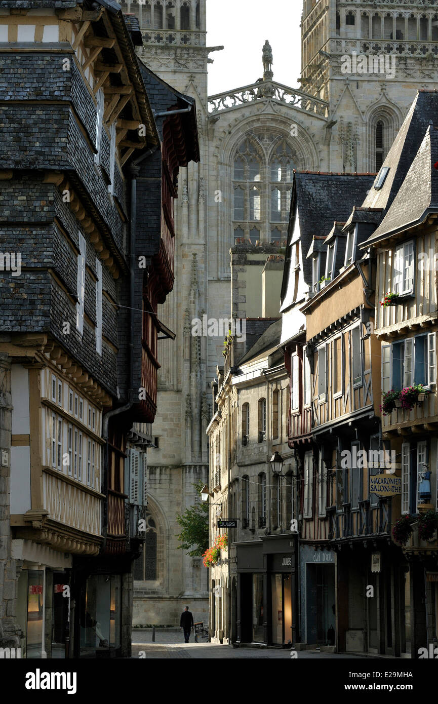 France, Finistere, Quimper, Rue Kereon and St Corentin Cathedral Stock Photo