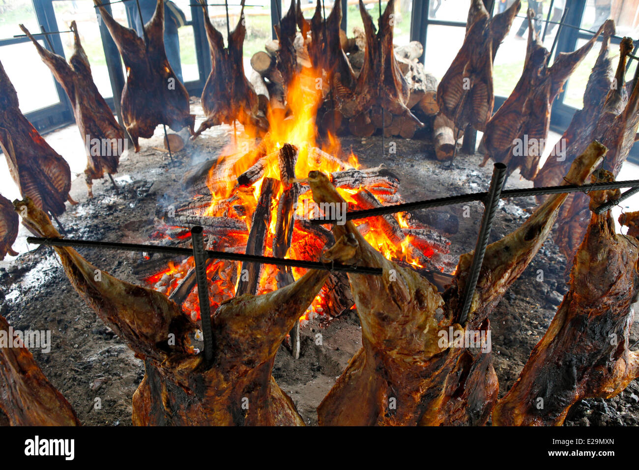 Argentina, Patagonia, Ushuaia, the national park, roasting sheeps in barbecue in a restaurant Stock Photo