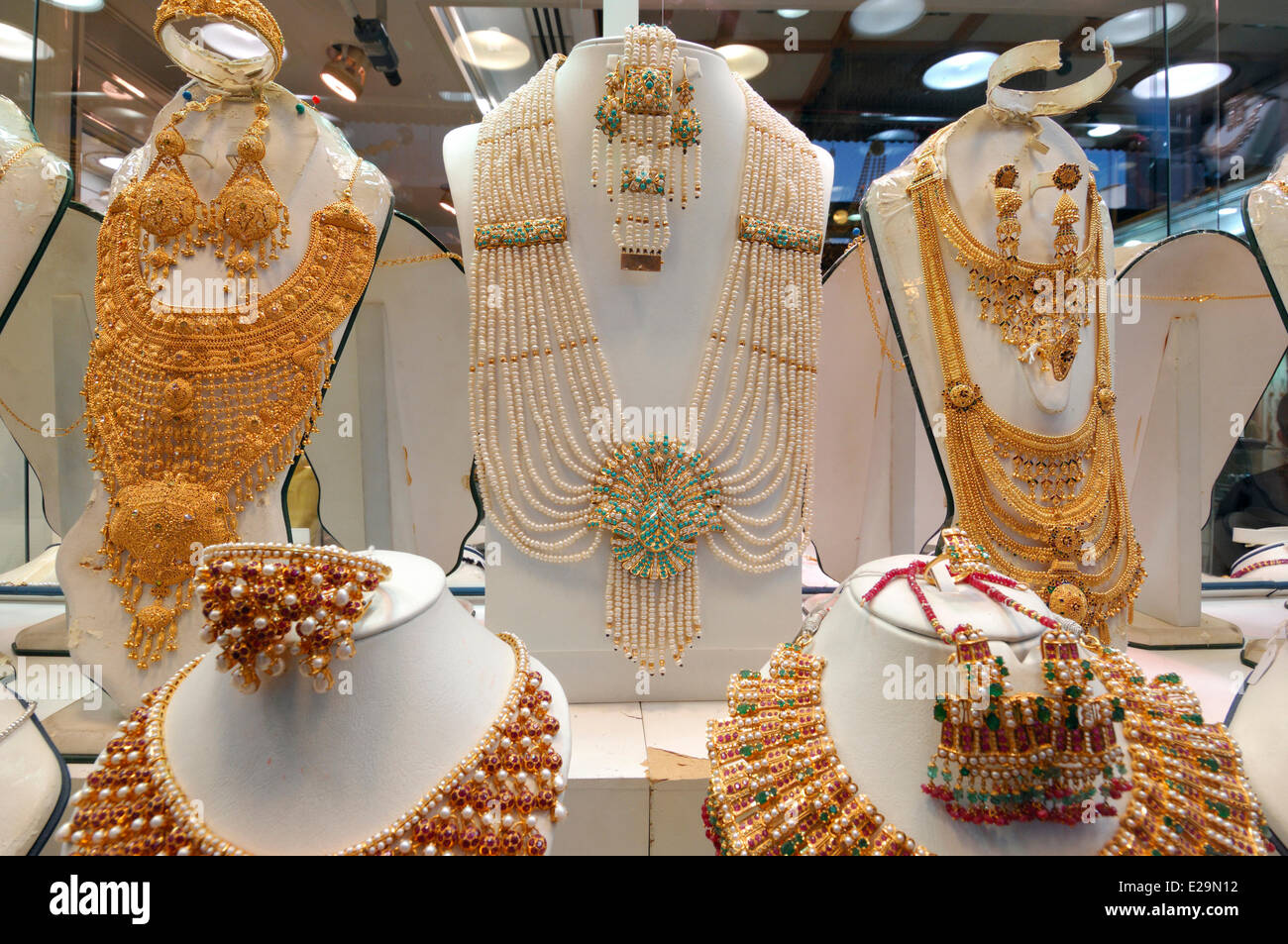 United Arab Emirates, Dubai emirate, Dubai, Deira, Gold Souk, Indian gold necklaces in a jewelry showcase in the Gold Souk Stock Photo
