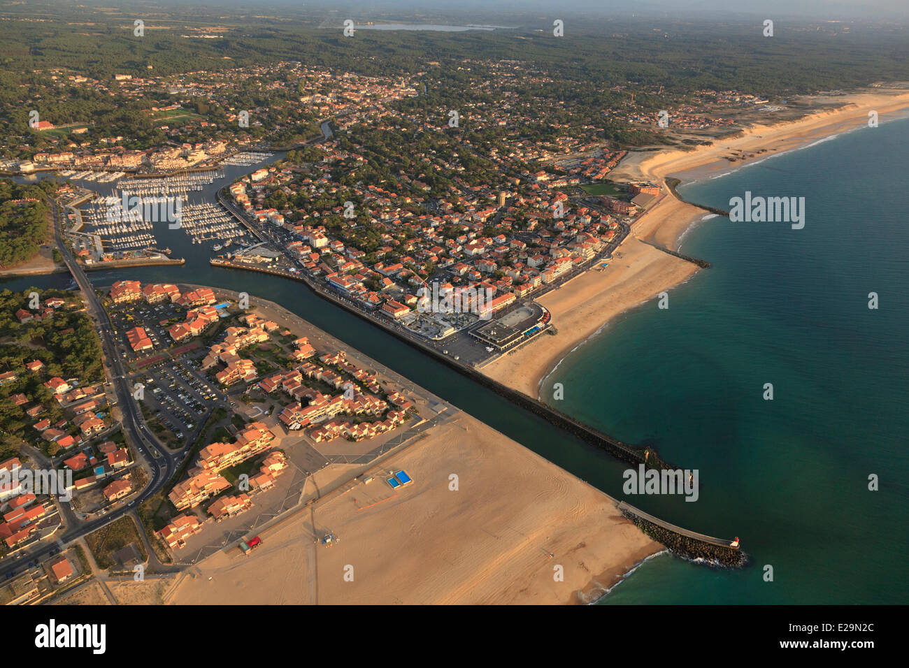 France, Landes, Port of Capbreton, Hossegor channel and beach (aerial