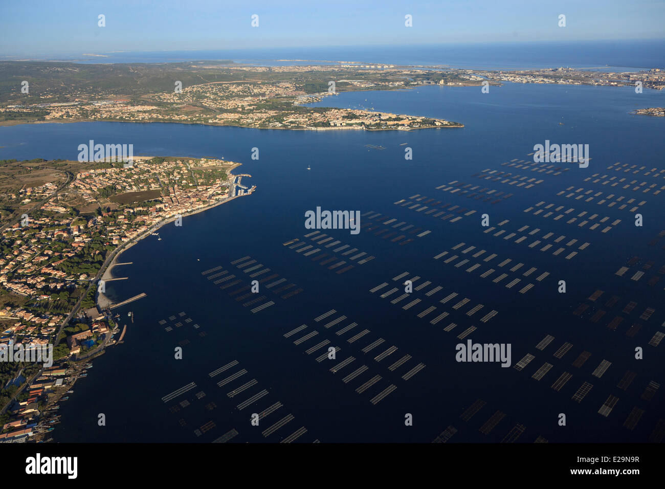 France, Herault, Bouzigues, oyster beds of the Etang de Thau and Balaruc les Bains in the background (aerial view) Stock Photo