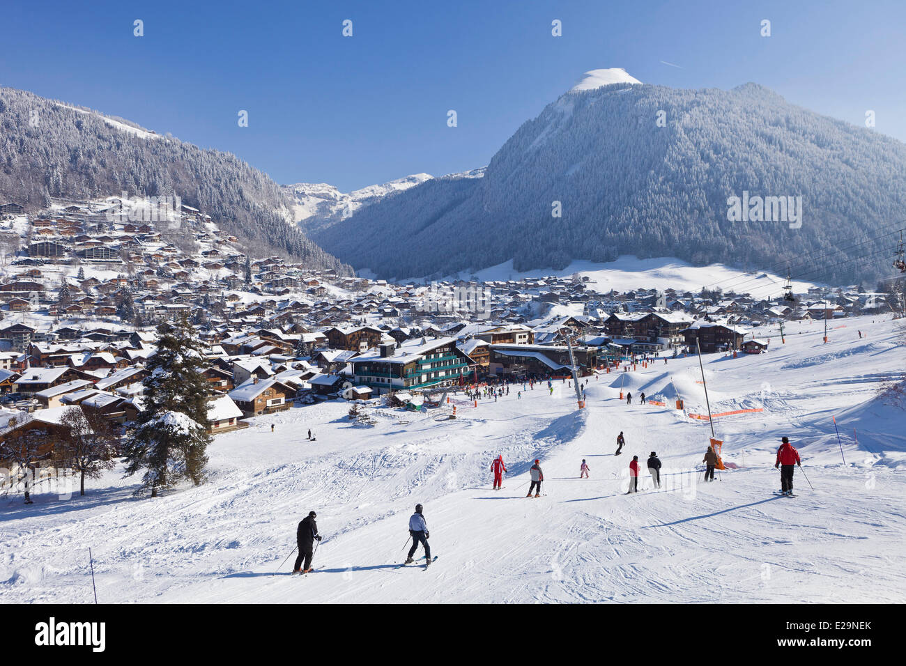 France, Haute Savoie, Morzine with a view of the ski resort of Avoriaz