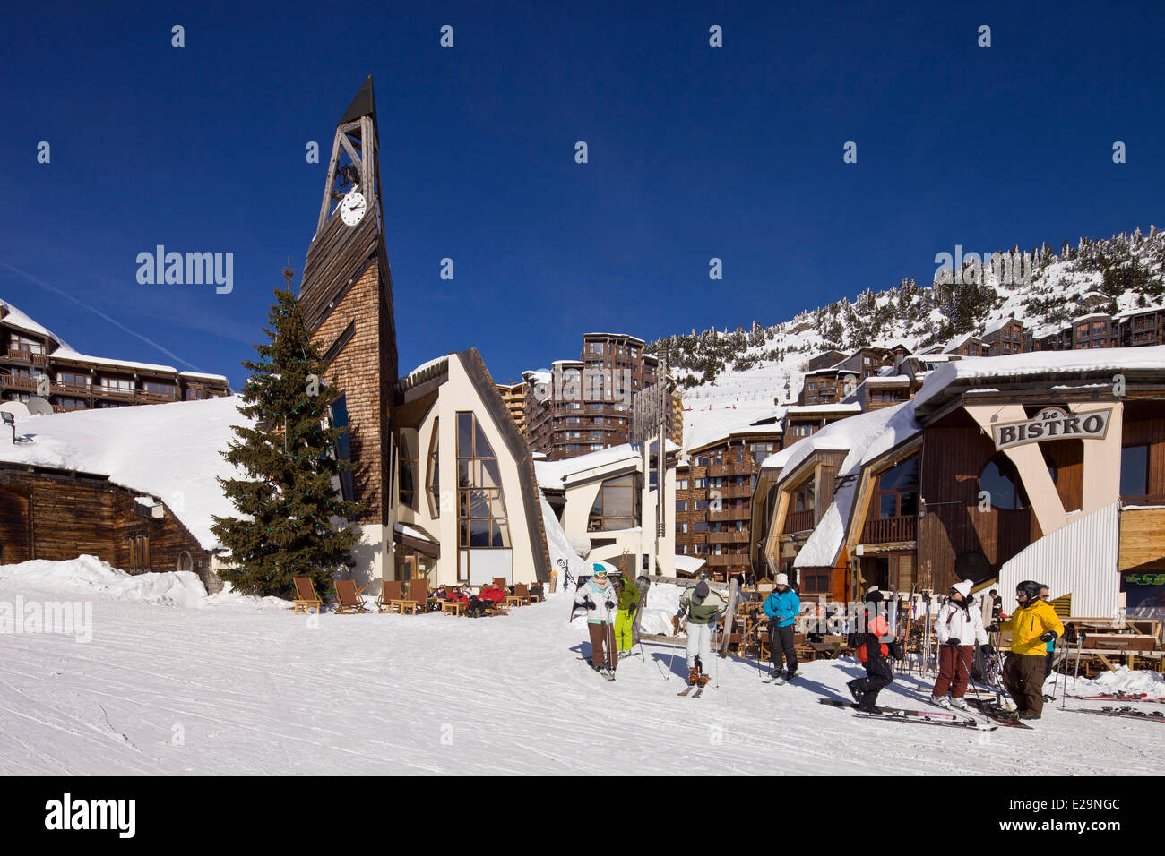 France, Haute Savoie, Avoriaz, the chapel and the tourist information office Stock Photo